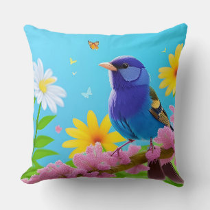 🌿 Blue Tit Floral Artwork For Bird Lovers Gift 🕊 Cushion