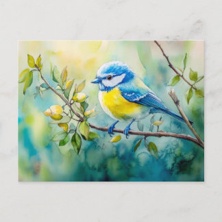 Blue tit on a branch watercolor painting postcard
