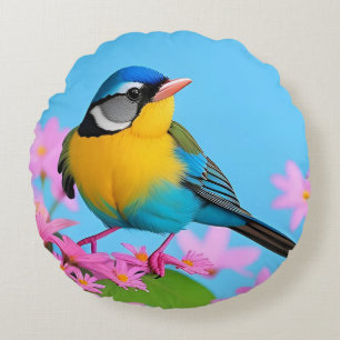 🌸 Blue Tit Spring Garden Art Gift For Bird Lovers Round Cushion