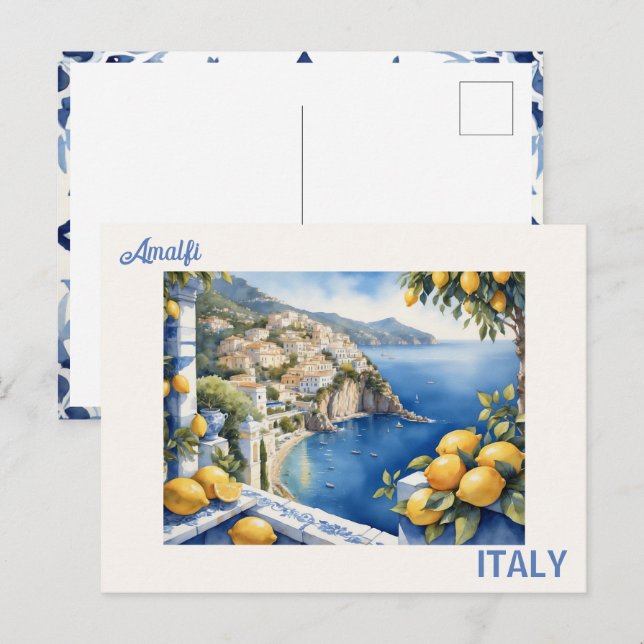 Blue titles and lemons view from Amalfi Italy Postcard (Front/Back)