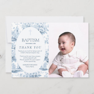 Blue Toile Baptism Thank You Card, Photo Design  Invitation