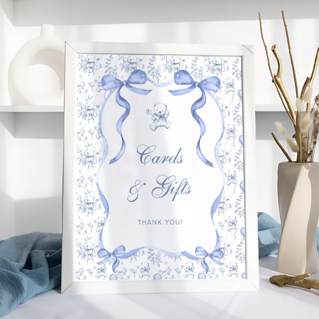 Blue Toile Bear Baby Shower Cards and Gifts Poster (Creator Uploaded)