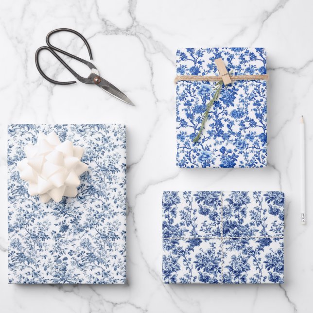 Blue Toile Bouquet 3 Wrapping Paper Sheet (Front)