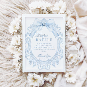 Blue Toile Bow Baby Boy Shower Diaper Raffle Sign Invitation