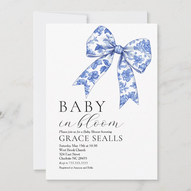 Blue Toile Bow Baby Shower invitation (Front)