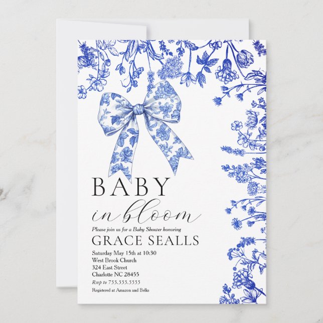 Blue Toile Bow Baby Shower invitation (Front)