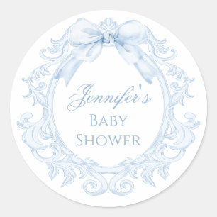 Blue Toile Bow Frame Chic Baby Boy Shower Classic Round Sticker
