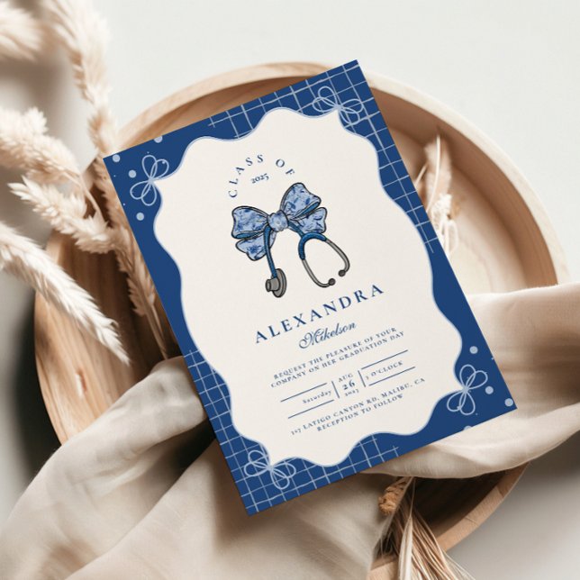 Blue Toile Bow Nurse School Grad Invitation (Creator Uploaded)