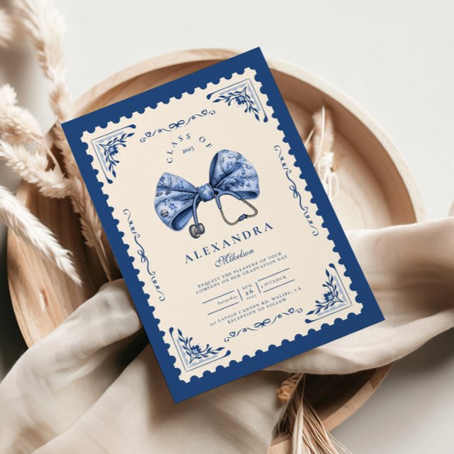 Blue Toile Bow Nursing School Graduate Invitation (Creator Uploaded)