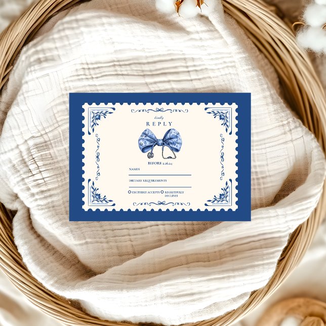 Blue Toile Bow Nursing School Graduate RSVP Card (Creator Uploaded)
