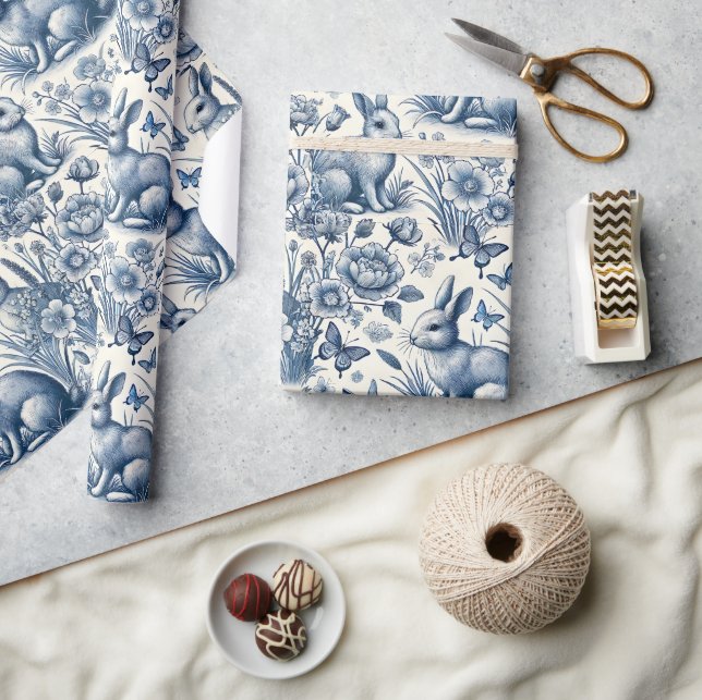 Blue Toile Bunny Rabbit Vintage  Wrapping Paper (Crafts)