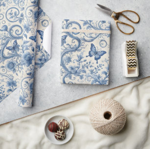 Blue Toile Butterflies Floral Vintage  Wrapping Paper