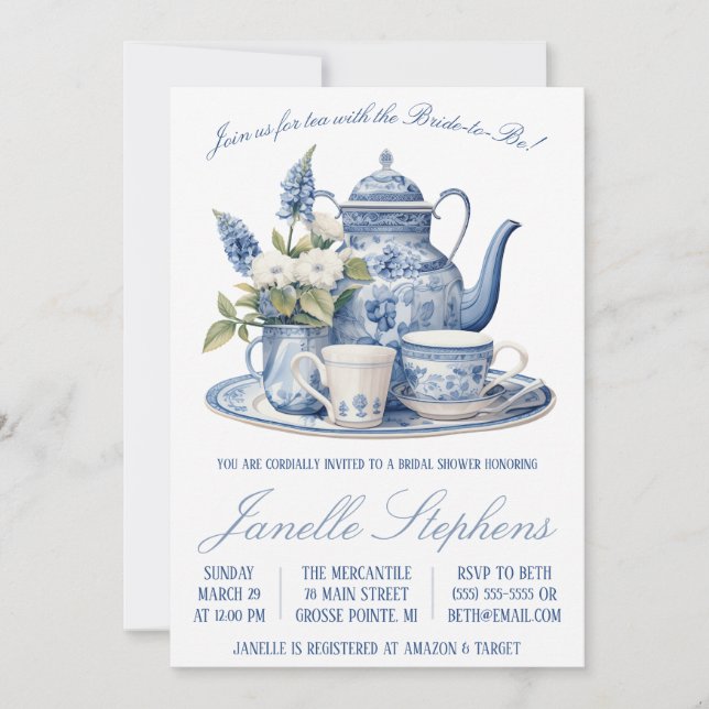 Blue Toile China Victorian Tea Party Bridal Shower Invitation (Front)