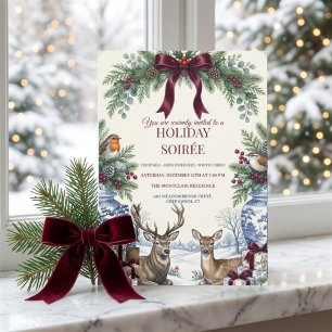 Blue Toile Chinoiserie Burgundy Bow Holiday Soiree Invitation