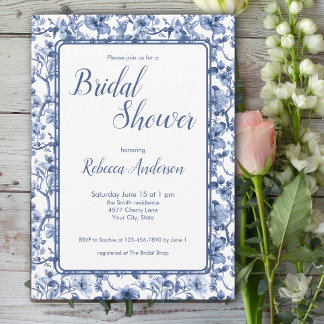 Blue Toile Chinoiserie Floral Bridal Shower Invitation