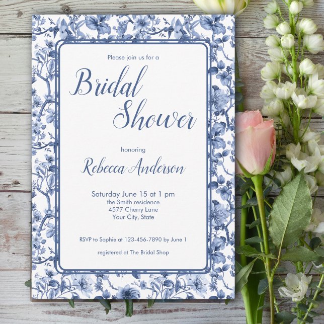 Blue Toile Chinoiserie Floral Bridal Shower Invitation (Creator Uploaded)