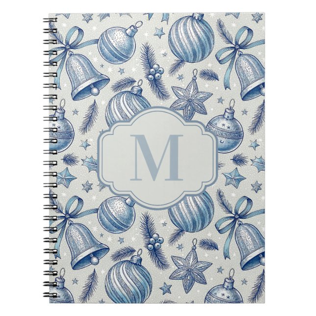 Blue Toile Christmas Ornaments Custom Monogram Notebook (Front)
