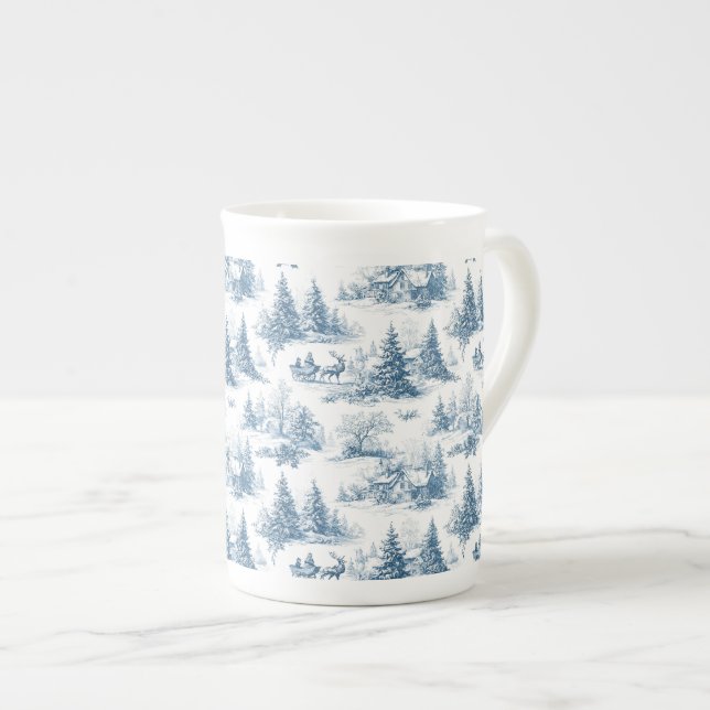 Blue Toile Christmas Pattern  Bone China Mug (Front Right)