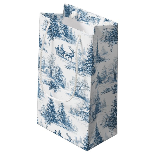 Blue Toile Christmas Pattern  Small Gift Bag (Back Angled)