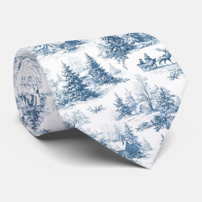 Blue Toile Christmas Pattern  Tie (Rolled)