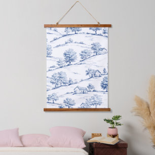 Blue Toile Countryside Scene (7) Hanging Tapestry