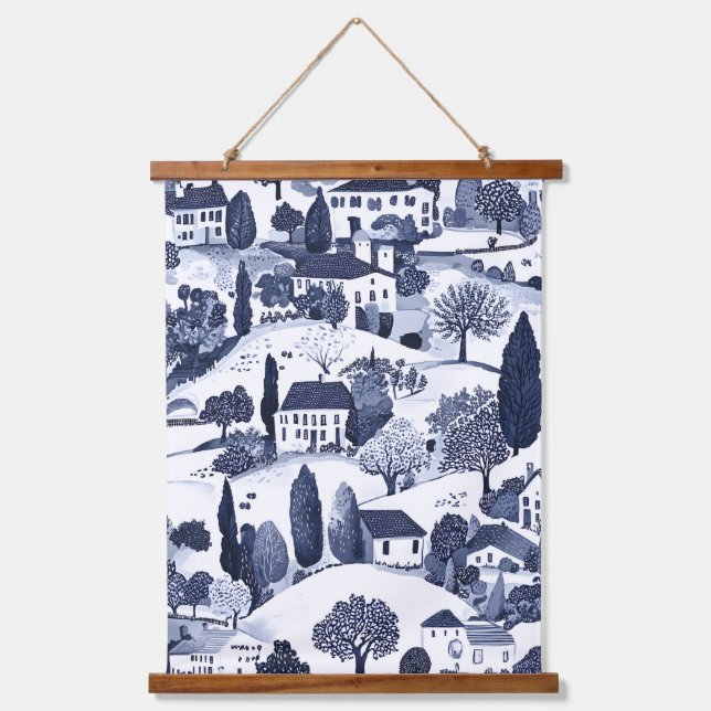 Blue Toile Countryside Scene Hanging Tapestry (Front)