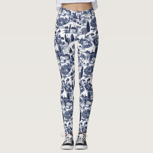 Blue Toile Countryside Scene Leggings