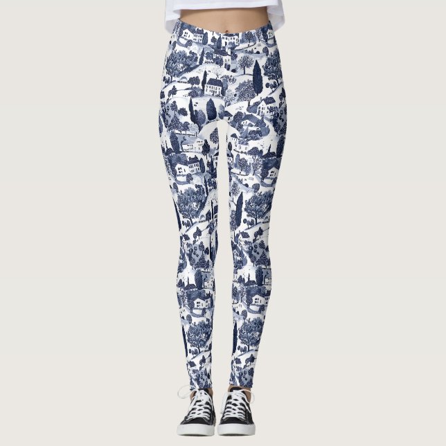 Blue Toile Countryside Scene Leggings (Front)