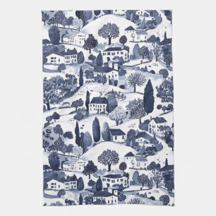 Blue Toile Countryside Scene Tea Towel