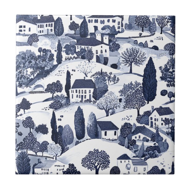 Blue Toile Countryside Scene Tile (Front)