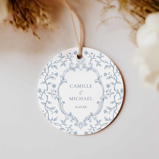 Blue Toile Crest Round Favour Tag (Blue Crest Wedding Favor Tags)