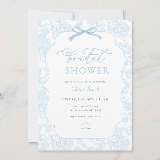 Blue Toile De Jouy Bridal Shower Invitation (Front)