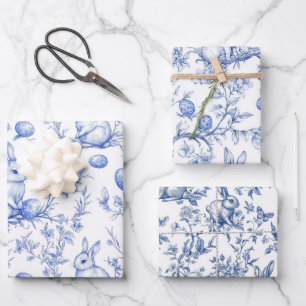 Blue Toile De Jouy Easter Bunny Wrapping Paper Sheet