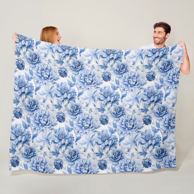 Blue Toile de Jouy Fleece Blanket (In Situ)