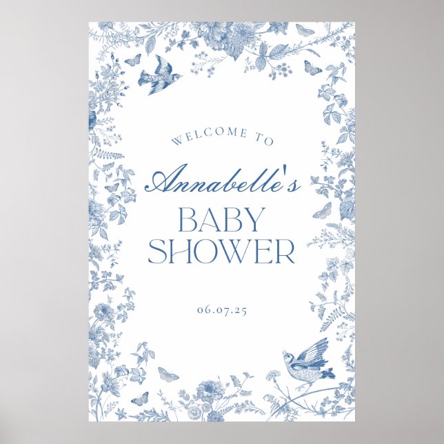 Blue Toile De Jouy Floral Baby Shower Welcome Sign (Front)