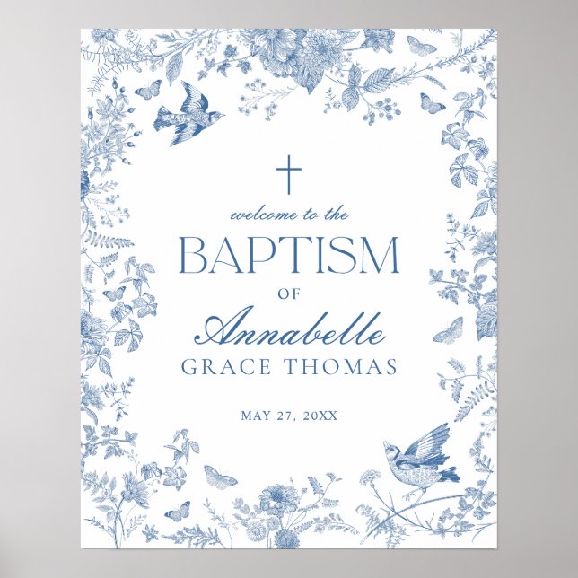 Blue Toile De Jouy Floral Baptism Welcome Sign (Front)