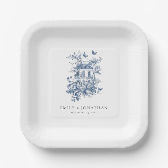 Blue Toile De Jouy Floral Names Date Wedding  Paper Plate (Front)