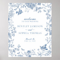 Blue Toile De Jouy Floral Wedding Welcome Sign