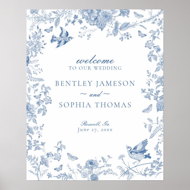 Blue Toile De Jouy Floral Wedding Welcome Sign (Front)