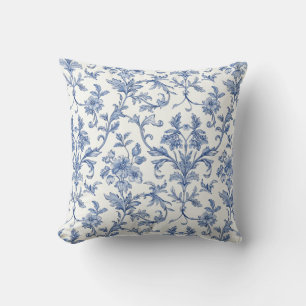 Blue Toile de Jouy French Country Floral Pattern Cushion