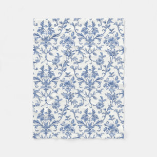 Blue Toile de Jouy French Country Floral Pattern Fleece Blanket