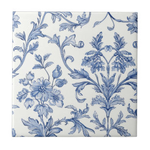 Blue Toile de Jouy French Country Floral Pattern Tile