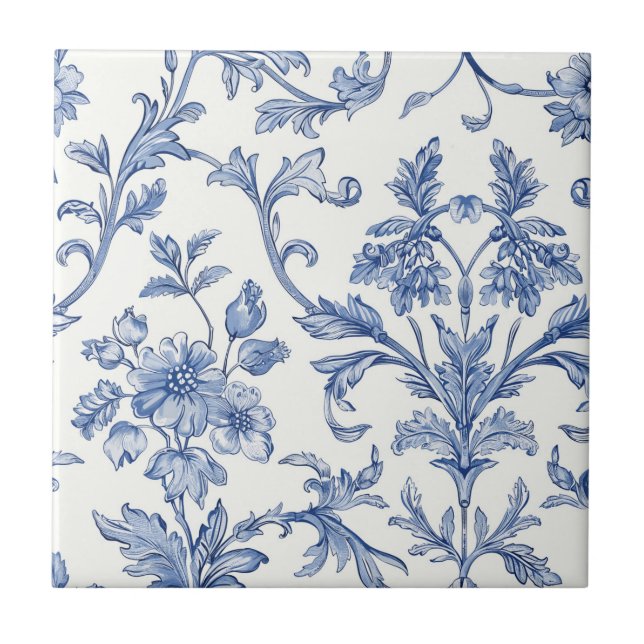 Blue Toile de Jouy French Country Floral Pattern Tile (Front)