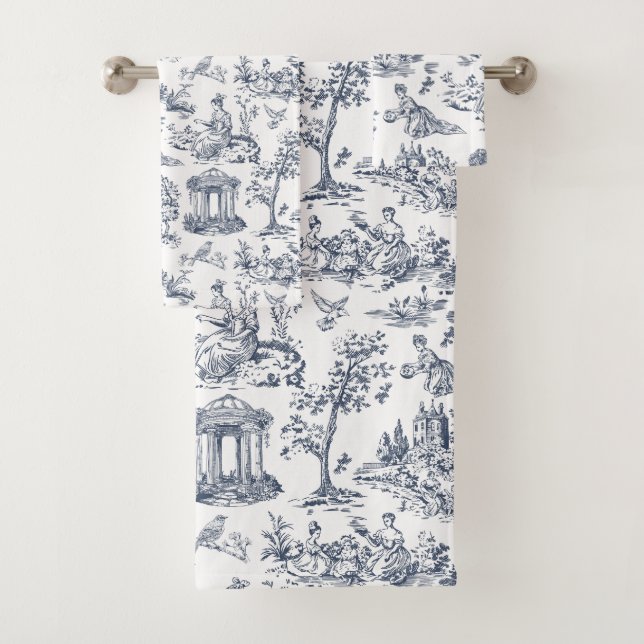 Blue Toile de Jouy, French country style Bath Towel Set (Insitu)