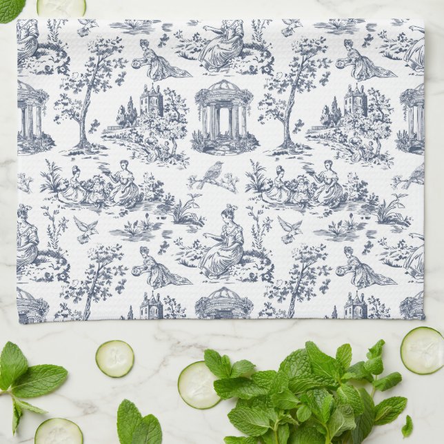 Blue Toile de Jouy, French country style Tea Towel (Folded)