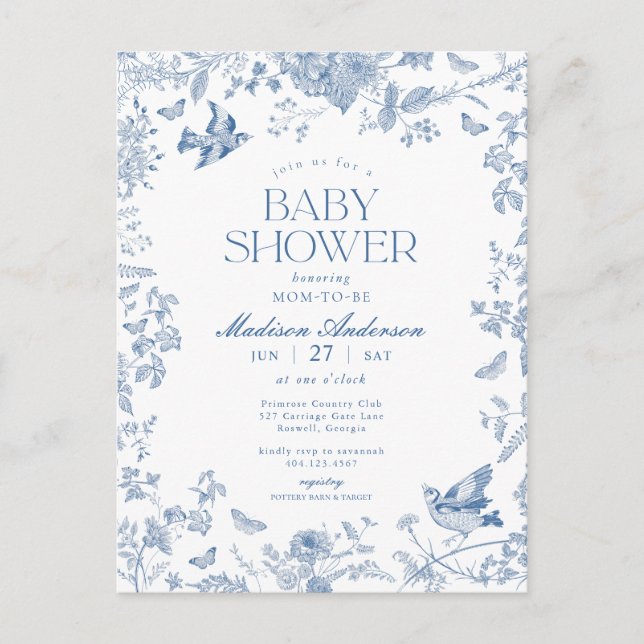 Blue Toile De Jouy French Floral Baby Shower Postcard (Front)