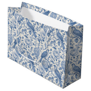 Blue Toile de Jouy French Floral Bird Pattern Large Gift Bag