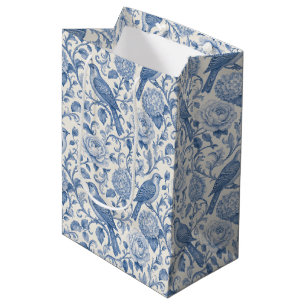 Blue Toile de Jouy French Floral Bird Pattern Medium Gift Bag