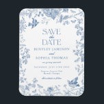 Blue Toile De Jouy French Floral Save the Date Magnet<br><div class="desc">This Blue Chinoiserie Party Decor Collection, features delicate toile floral patterns for timeless elegance. Each piece in this collection showcases intricate designs in shades of blue, evoking a sense of sophistication and elegance. ★ Let me help you plan your next party! ★ If you need coordinating décor, please check my...</div>