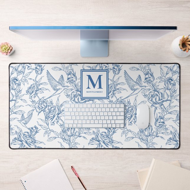 Blue Toile de Jouy French Monogram Name Desk Mat (Creator Uploaded)